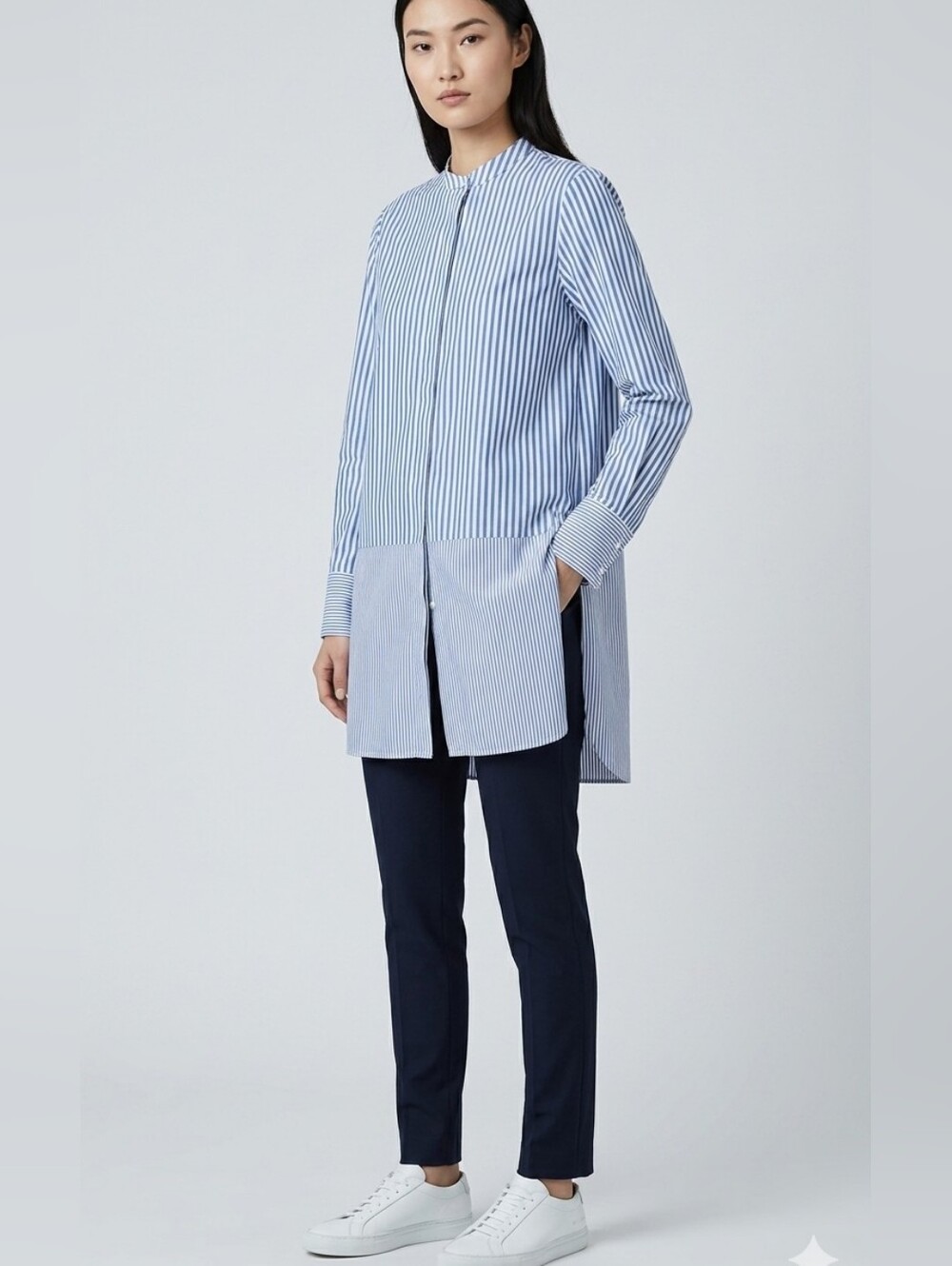 Achro White & Blue Striped Long Tunic Shirt With Slits